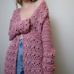 Vintage hand knit pink crochet duster cardigan